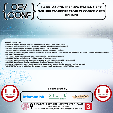 l'immagine mostra il programma del giorno 7 luglio del convegno nazionale per sviluppatori italiani di applicazioni Open Source che si terrà  a Pavia in Via Agostino Bassi 2