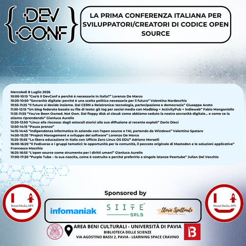 l'immagine mostra il programma del giorno 8 luglio del convegno nazionale per sviluppatori italiani di applicazioni Open Source che si terrà  a Pavia in Via Agostino Bassi 2