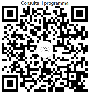 l'immagine mostra il qrcode per visionare il programma completo  dell'evento DevConf di Pavia del 7 e 8 Luglio 2026